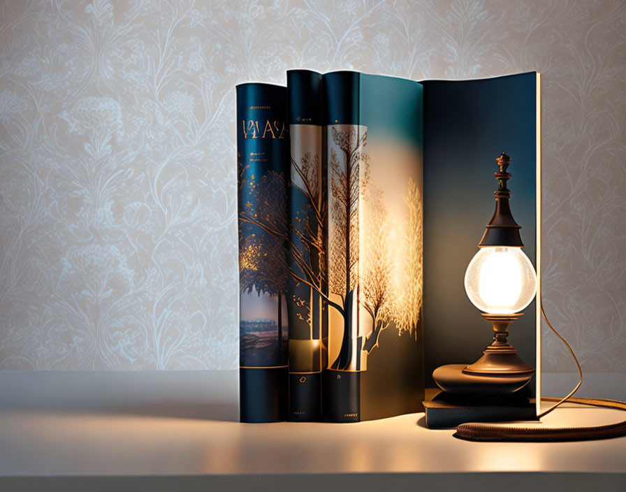 Magazine open to landscape image under desk lamp on patterned wallpaper