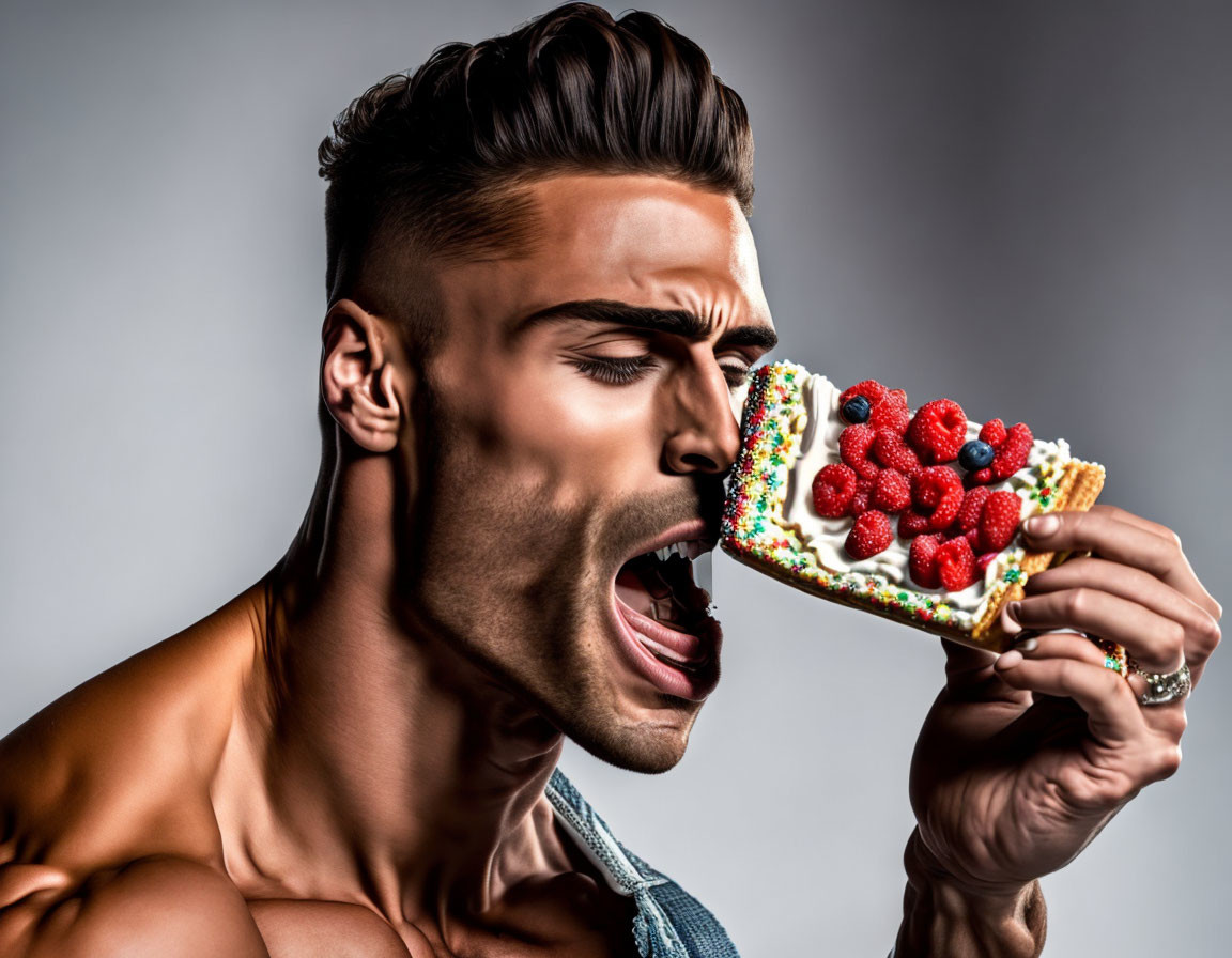 Man with styled hair and beard eating colorful sprinkle dessert with fresh berries