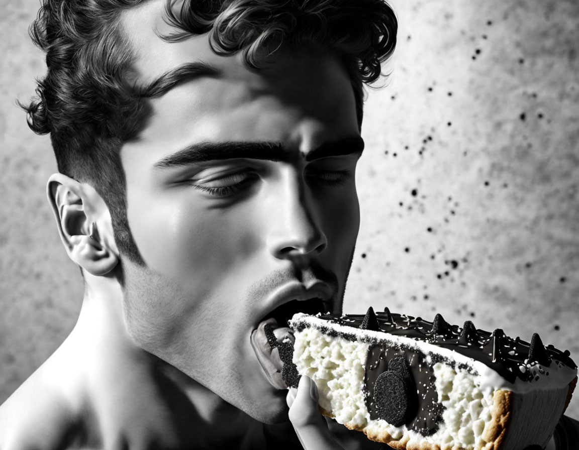 Man eating cream-filled pastry on gray background