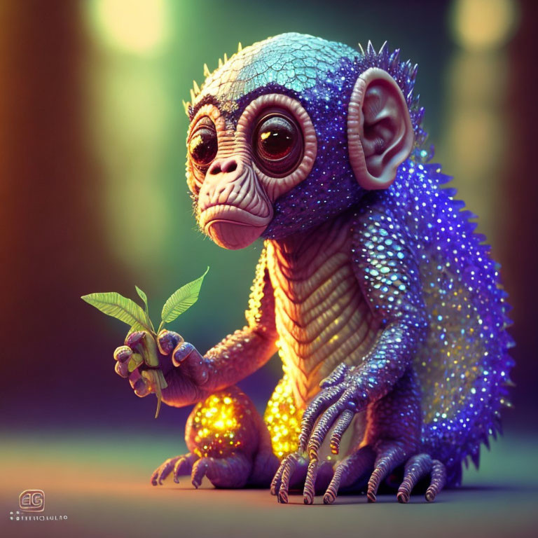 Fantastical monkey-like creature with vibrant purple-blue skin and big eyes holding a branch