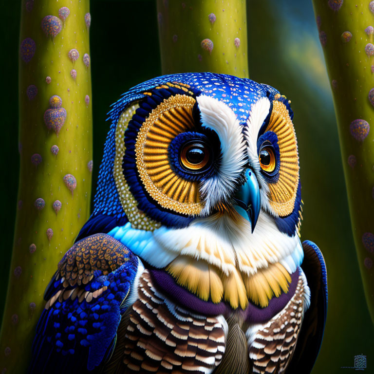 Detailed colorful illustration of fantastical owl with intricate feather patterns and large yellow eyes on green stem backdrop.