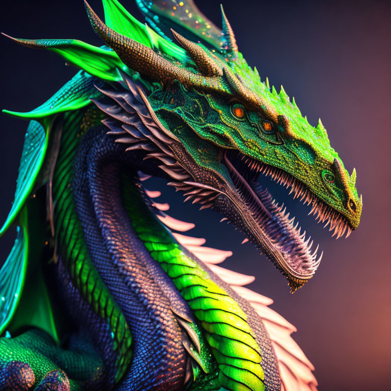 Vibrant Dragon Artwork with Green Scales and Glowing Accents