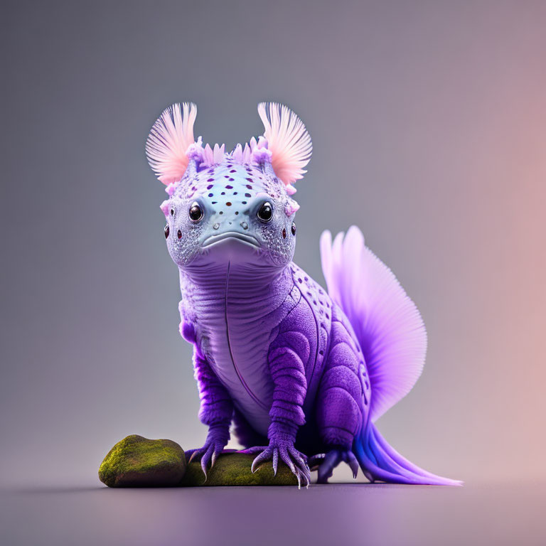 Purple whimsical creature with feathery antennae and fish-like tail on a rock