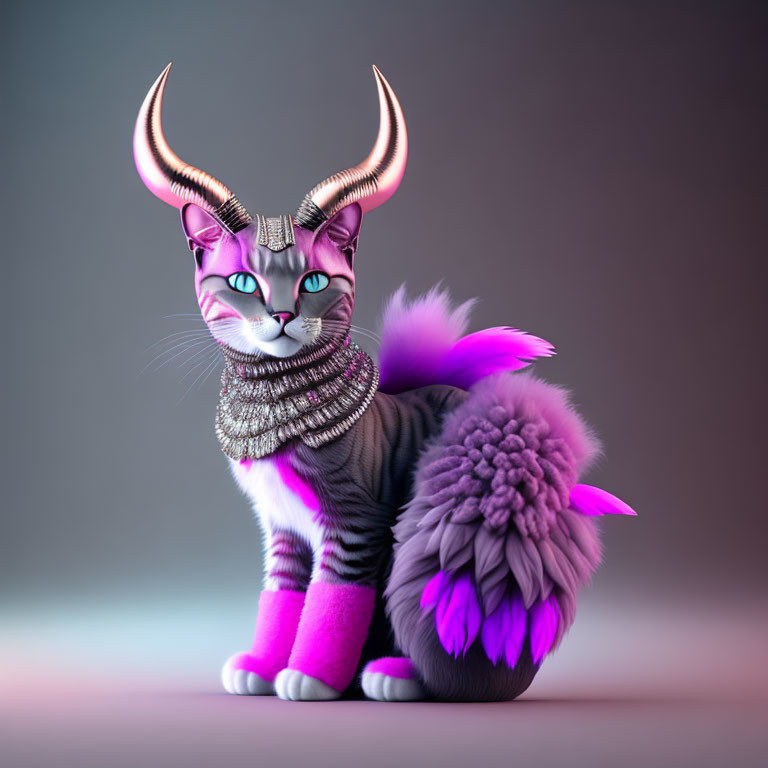 Striped cat with purple fur, horns, headpiece, and collar on gradient background