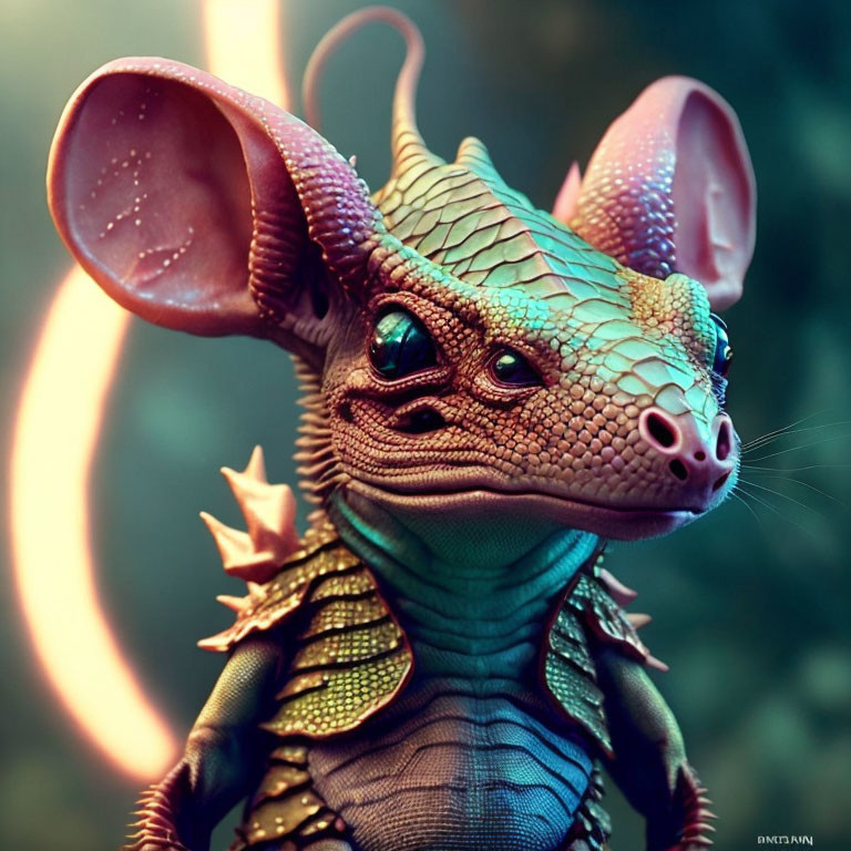 Detailed digital artwork: Fantastical mouse-like creature with reptilian features.