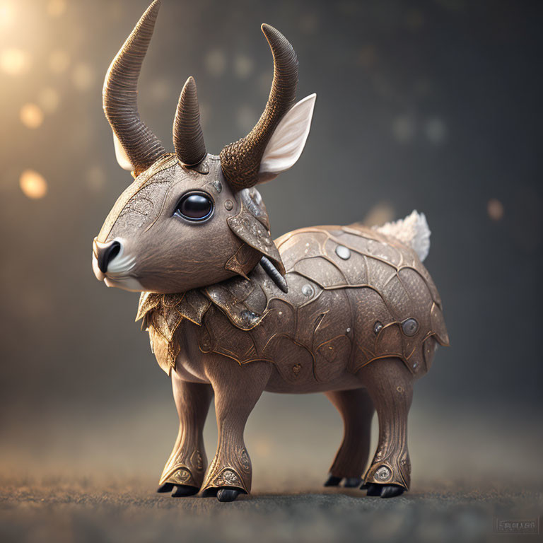 Digital artwork: Small armored goat creature with large curled horns.