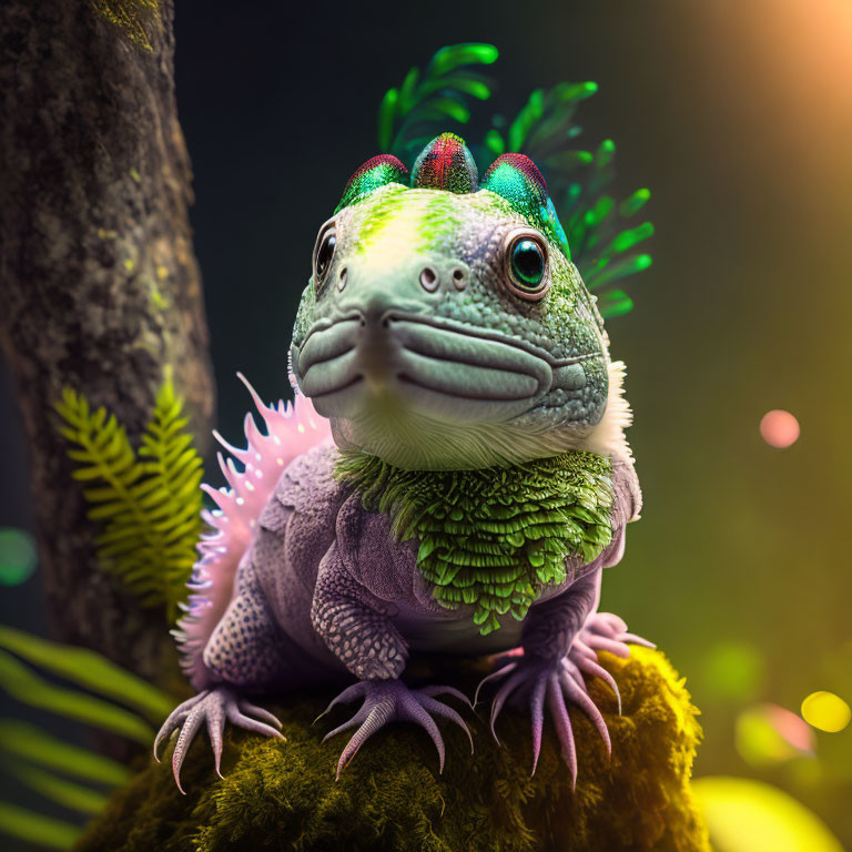 Vibrant anthropomorphized lizard with green scales and purple underbelly on mossy branch