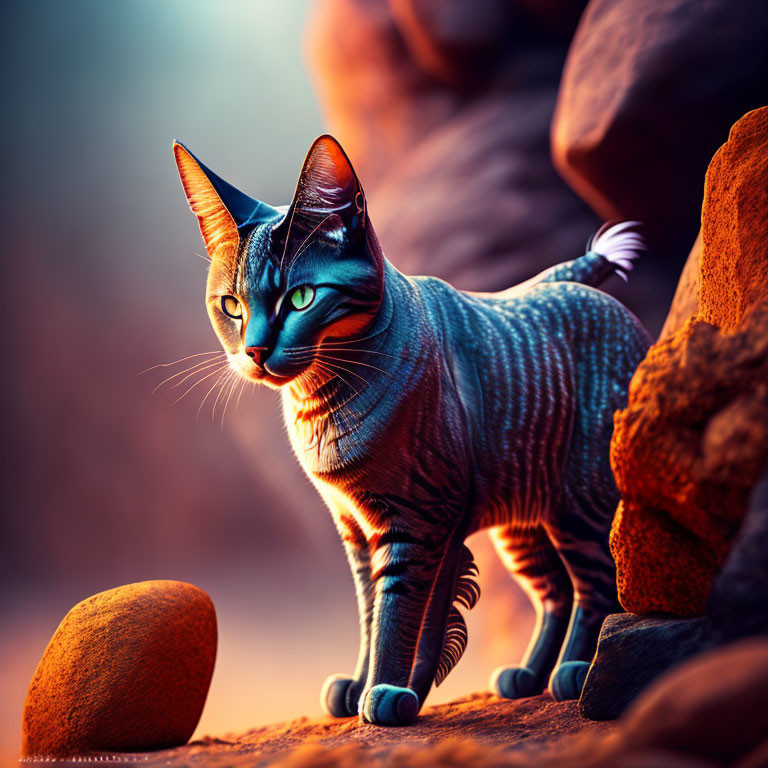 Blue-eyed cat on rocky terrain at sunset