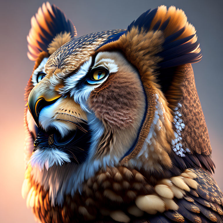 Digital artwork: Tiger and owl fusion with tiger's face and owl's feathery texture