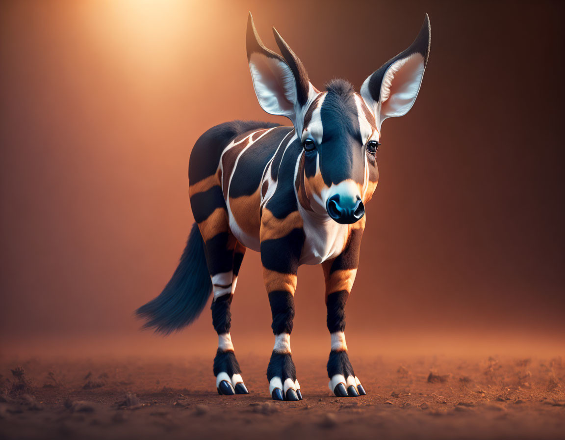 Whimsical animated okapi with oversized ears and cartoon-like eyes spotlighted in orange glow