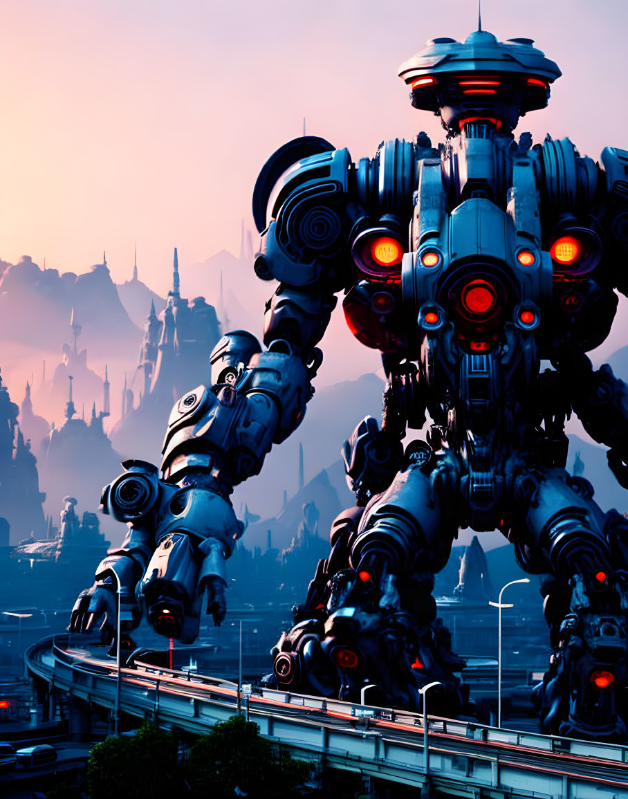 Detailed robot overlooks futuristic cityscape at sunset