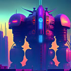 Futuristic cityscape with towering robotic megastructure at dusk