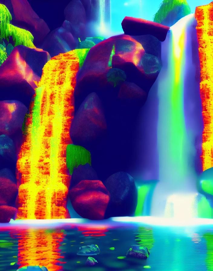 Neon-Colored Waterfalls in Digital Art Landscape