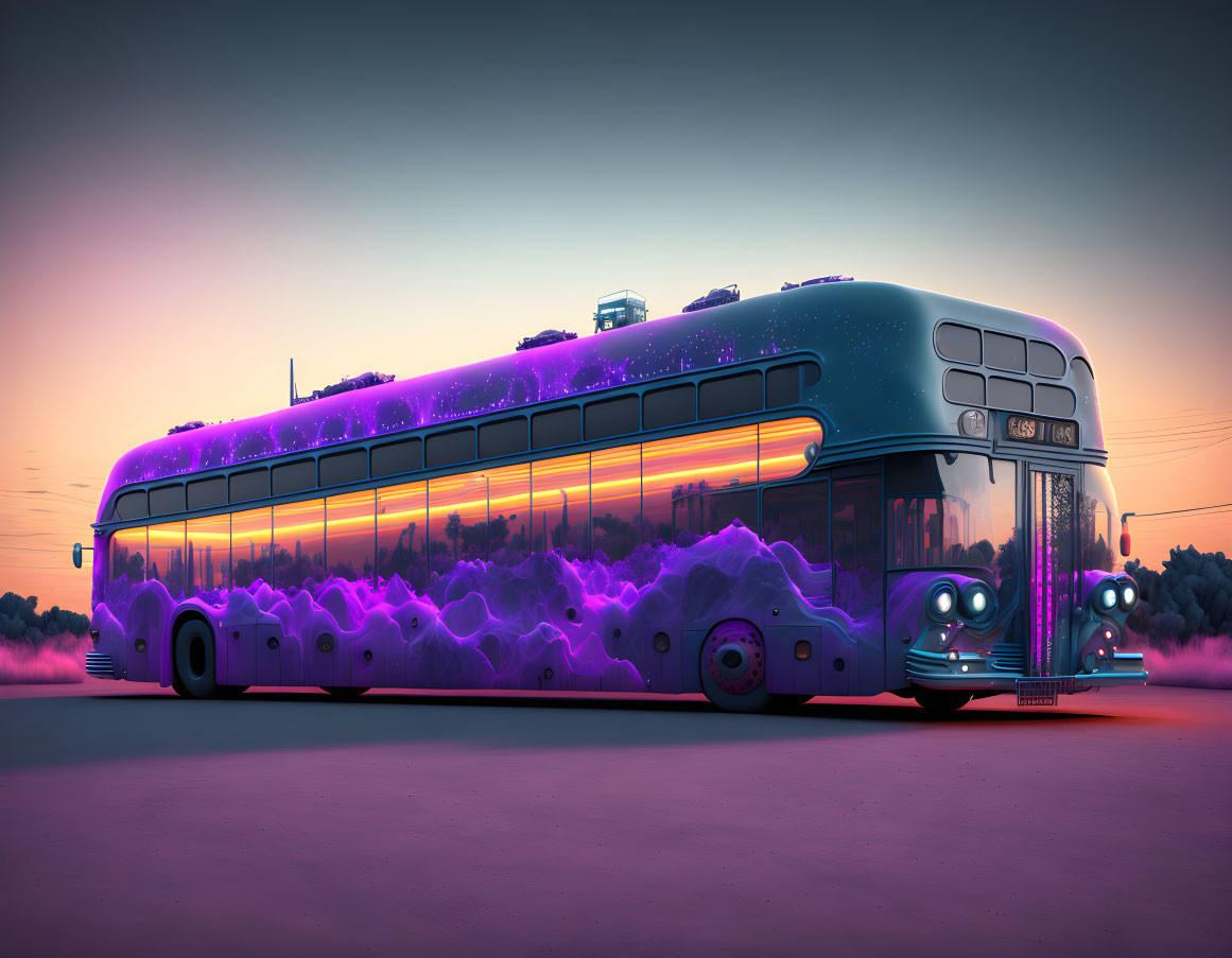 Double-decker bus illustration with glowing purple interior and cartoon faces in twilight setting