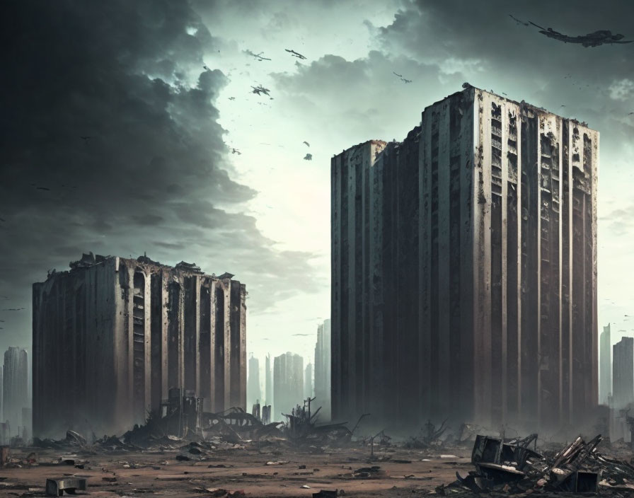 Dilapidated high-rise buildings in apocalyptic urban landscape