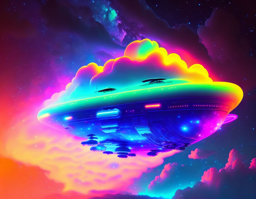 Colorful UFO Artwork Floating in Neon Clouds