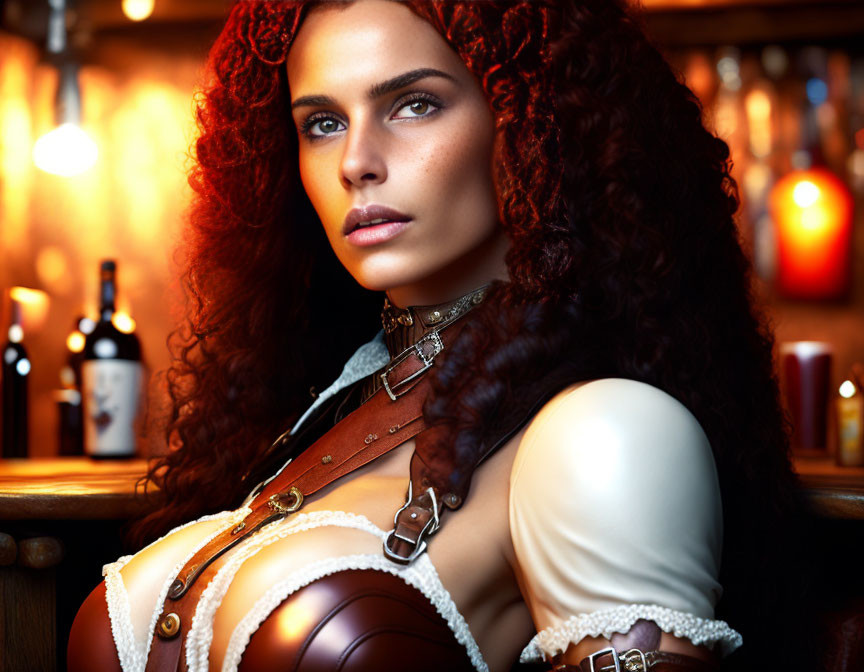 Curly Red-Haired Woman in Medieval Outfit in Cozy Bar Setting