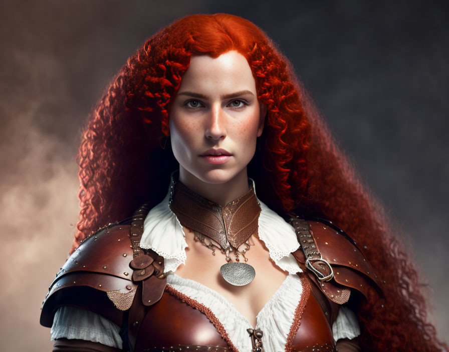 Red-haired woman in medieval armor and white blouse exudes confidence against moody backdrop