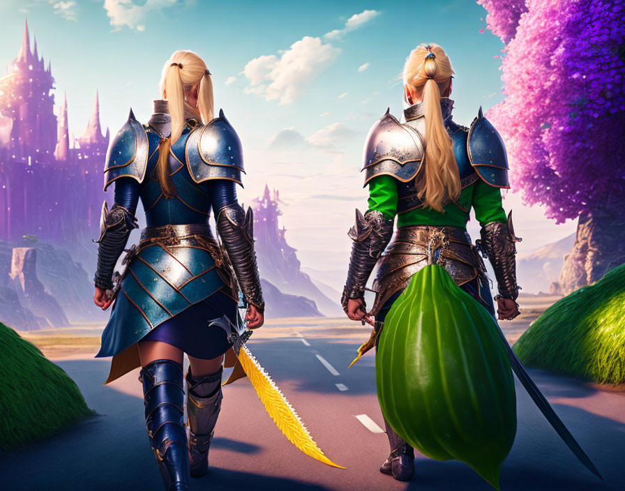 Armored female warriors with swords on road to fantastical castle