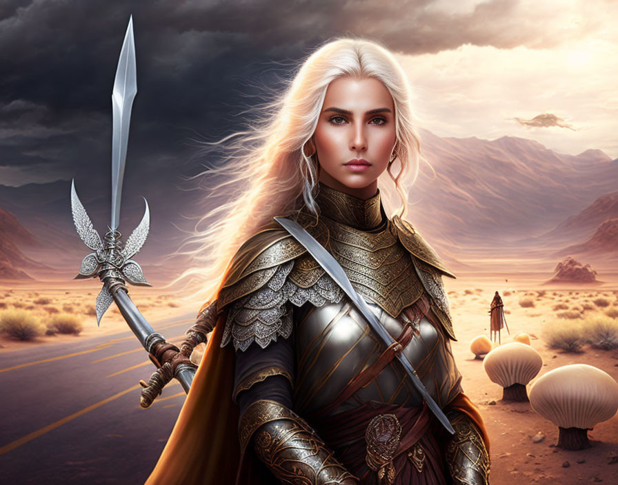 Female warrior in armor with sword in desert landscape