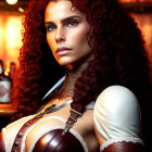 Curly Red-Haired Woman in Medieval Outfit in Cozy Bar Setting