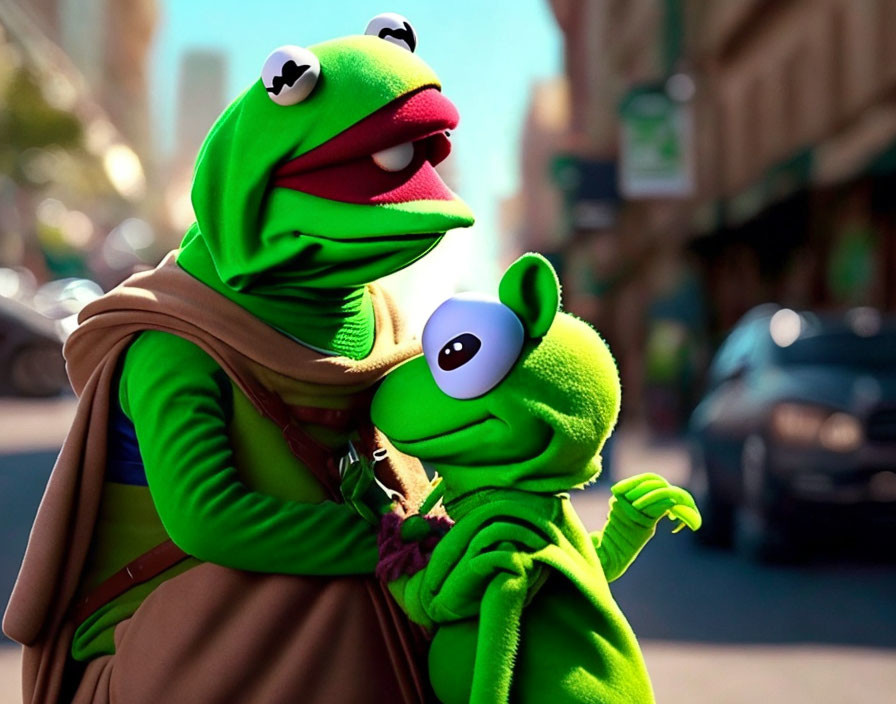 Two Kermit the Frog puppets embrace on city street, one larger and one smaller, sharing a