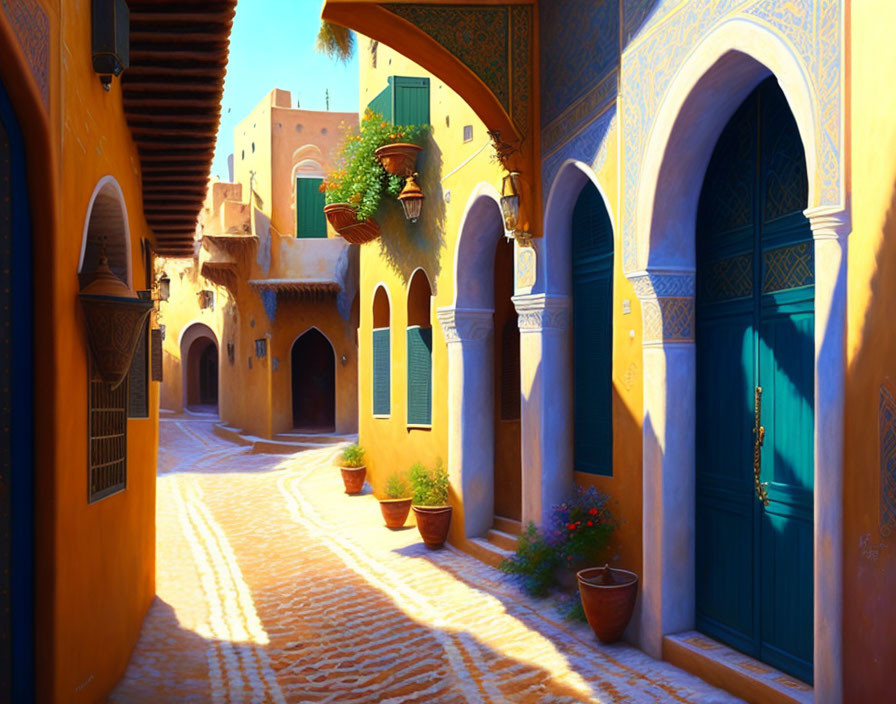 Moroccan-style sunlit alley with blue arches and terracotta pots