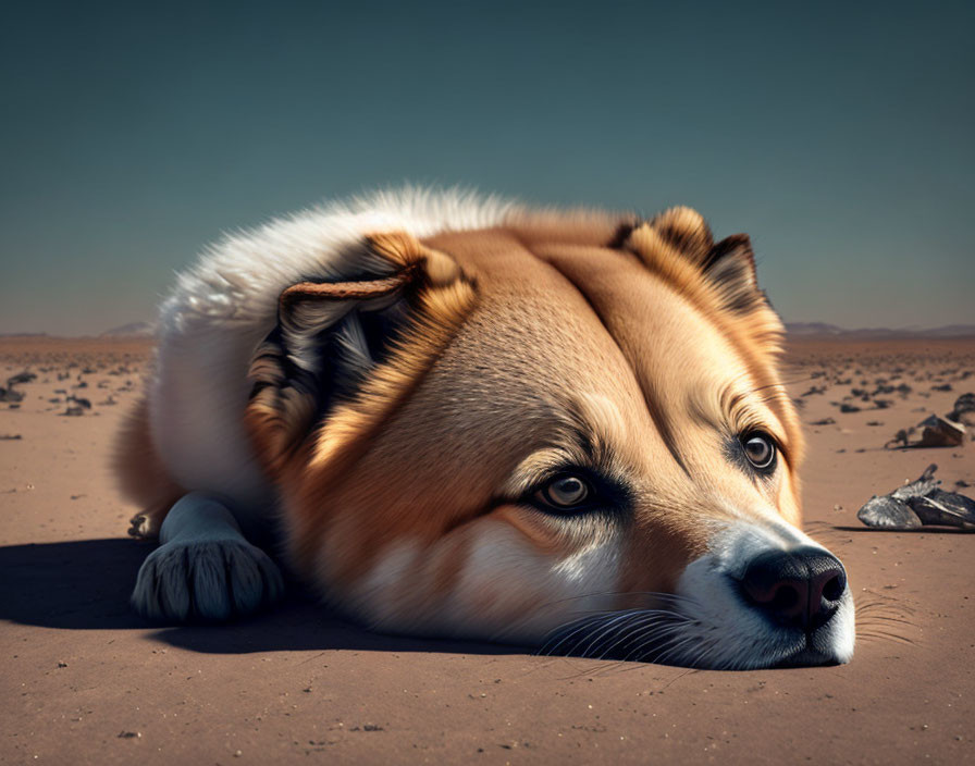 Photorealistic digital artwork: Dog resting head on desert sand under clear sky