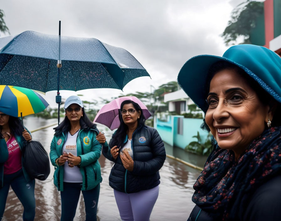 Women with umbrellas in flooded street, smiling woman in blue hat.