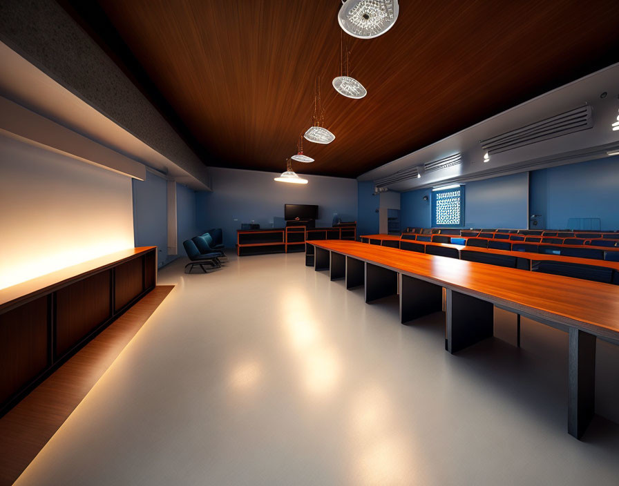 Spacious lecture hall with long tables, blue chairs, warm lighting, projected screen, wooden accents