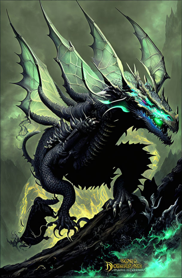 Black Dragon with Glowing Green Eyes in Dark Molten Landscape