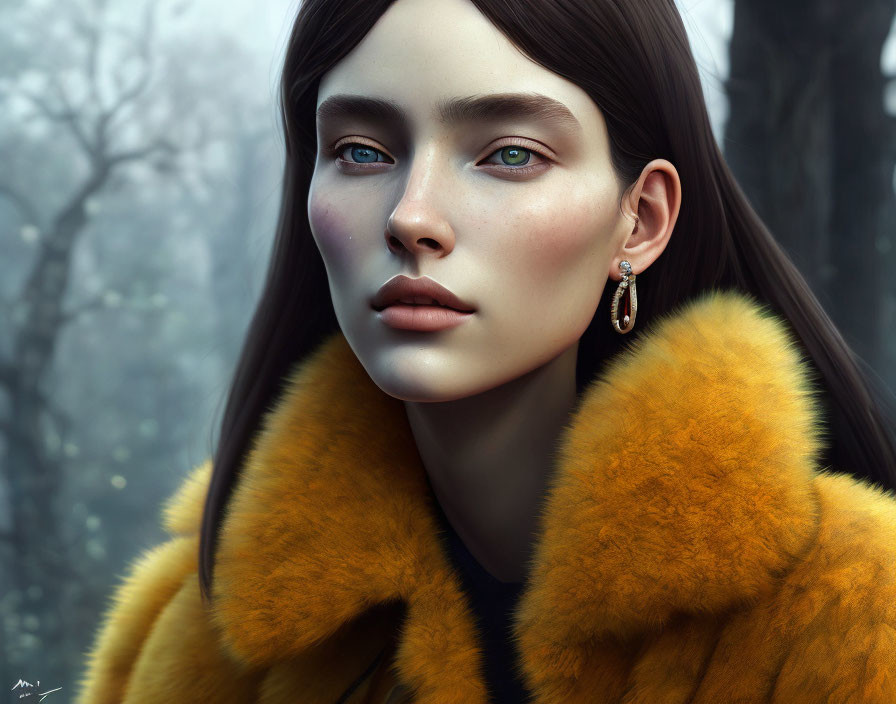 Digital portrait of woman with blue eyes, dark hair, pale skin, orange fur coat in misty