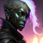 Fantasy character with dark skin, red eyes, silver crown, white hair, flaming staff