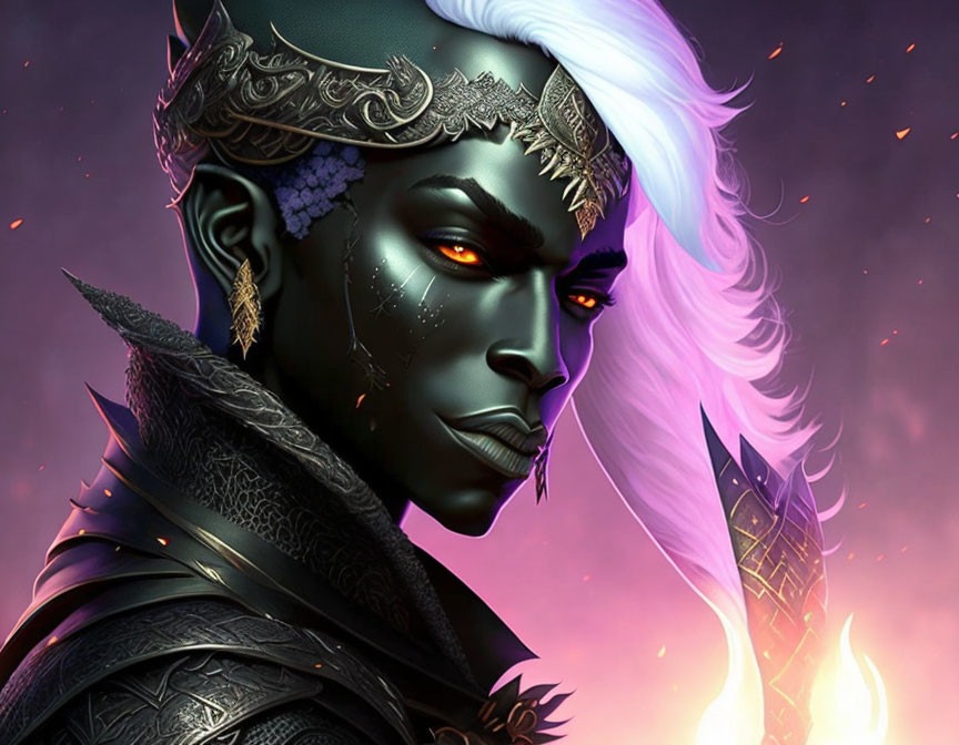 Fantasy character with dark skin, red eyes, silver crown, white hair, flaming staff