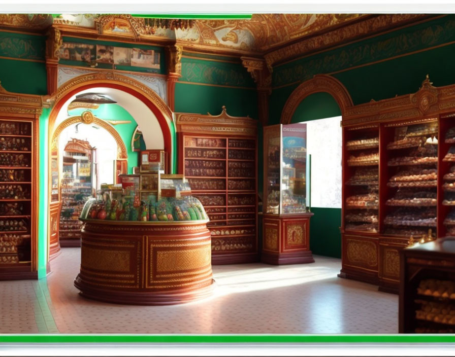 Rich Green and Gold Traditional Shop Interior with Arched Doorways