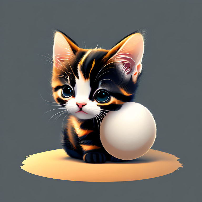 Stylized digital illustration of cute kitten with egg on gray background