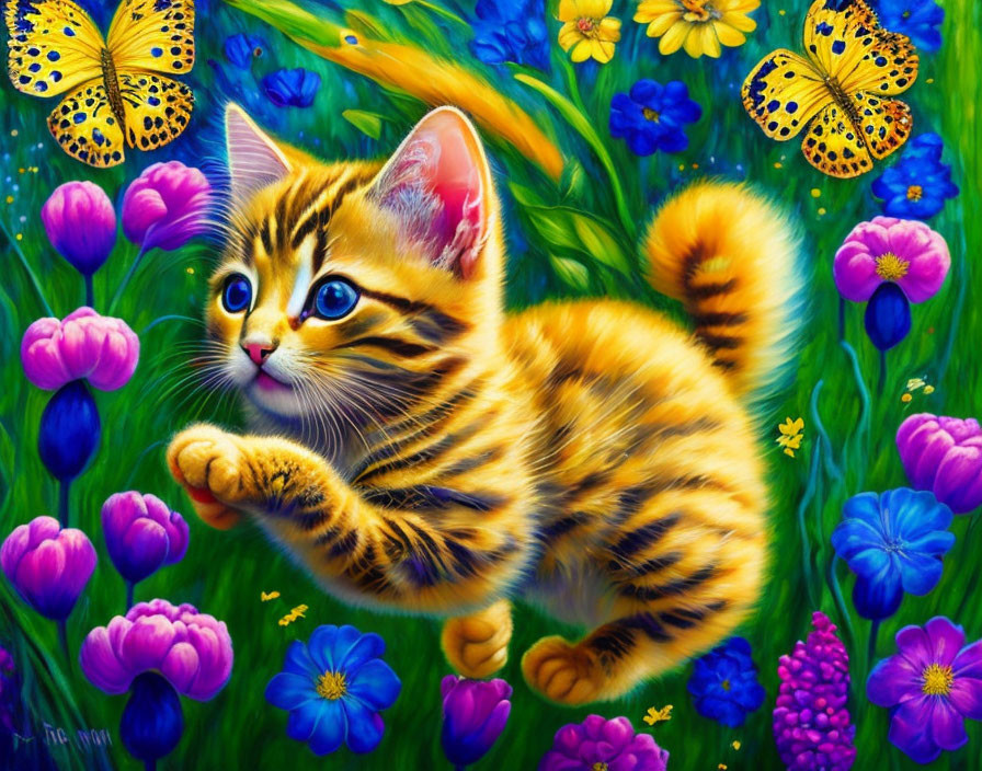 Colorful Painting of Playful Orange Tabby Kitten in Nature