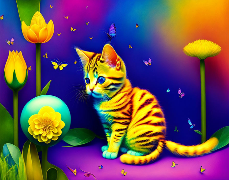 Colorful Illustration: Orange Striped Kitten, Flowers, Butterflies, Rainbow Background