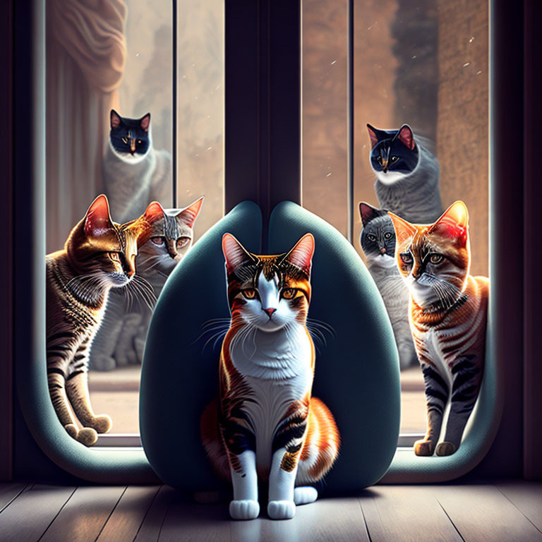 Five Cats with Similar Markings Sitting by Window in Cozy Interior