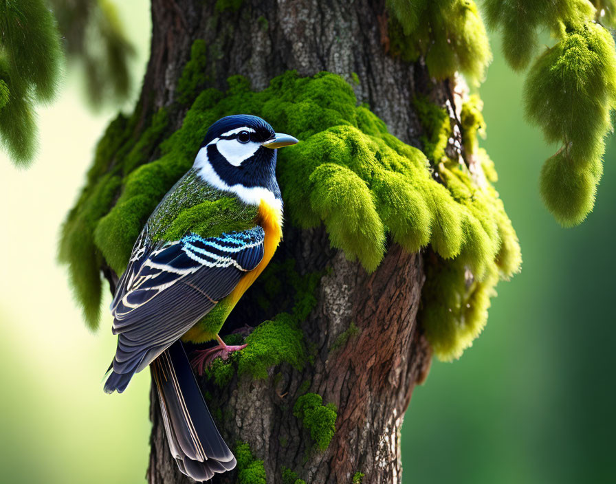 Vibrant bird with blue head and intricate wing patterns on mossy tree trunk