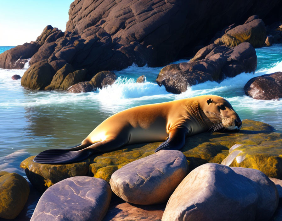 Seal resting on sun-warmed rocks by the sea