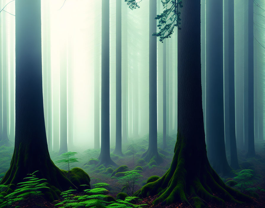 Enchanting forest scene with towering trees and misty ambiance