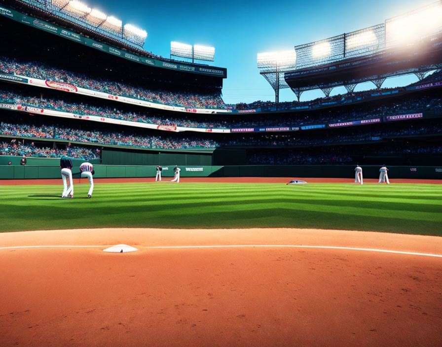 Busy baseball stadium during game with players, spectators, and clear sky