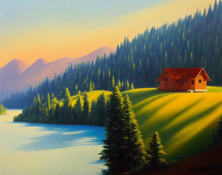 Tranquil landscape painting: wooden cabin, serene lake, forested mountains.