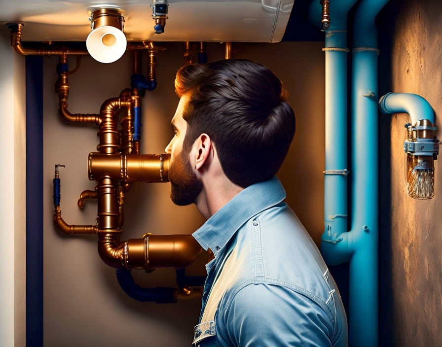 Man in denim shirt examining copper pipes and valves on wall under indoor lighting