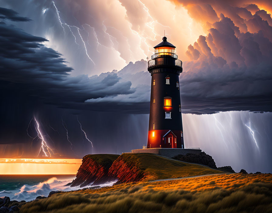 Stormy skies over dramatic cliff with lighthouse & lightning