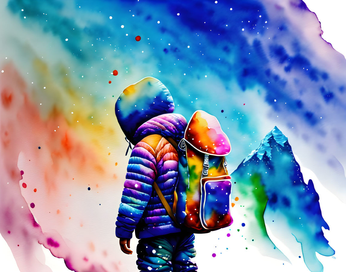 Colorful Watercolor Painting: Person in Winter Jacket Admiring Snowy Mountains