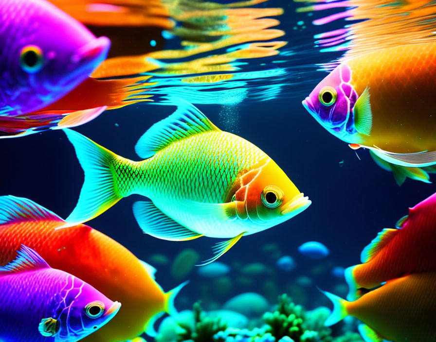 Colorful Tropical Fish Swimming in Clear Water with Corals and Light Reflections