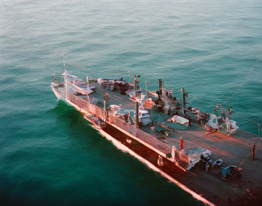 Aerial view of pier with boats, calm sea, and parked vehicles at sunset