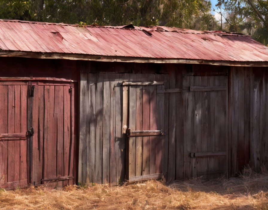 Weathered Wooden Shed with Red Planks and Rusted Tin Roof amid Dry Grass